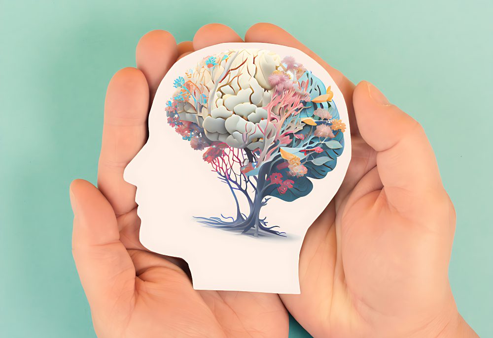 Hands holding a paper cutout of a human head with a colorful brain and tree branches on a teal background.