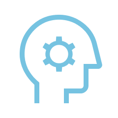 Outline of a head with a gear inside, symbolizing thinking or processing.