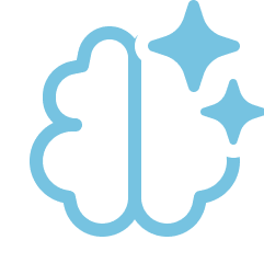 Illustration of a blue brain with two sparkling stars on the right side, set against a transparent background.