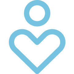 A blue icon depicting a person above a heart shape, suggesting care or support.