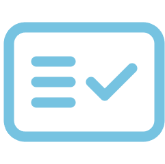 Blue icon showing a card with three horizontal lines on the left and a checkmark on the right.