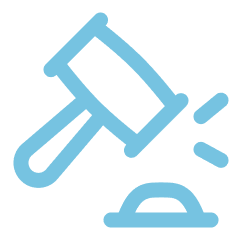 Blue outline of a gavel hitting a surface, suggesting impact or judgment.