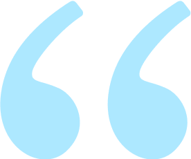 Blue quotation mark symbol on a white background.