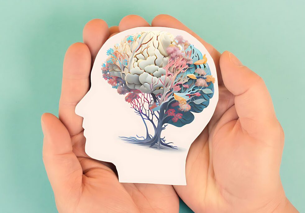 Hands holding a paper cutout of a human head with a colorful brain and tree branches on a teal background.